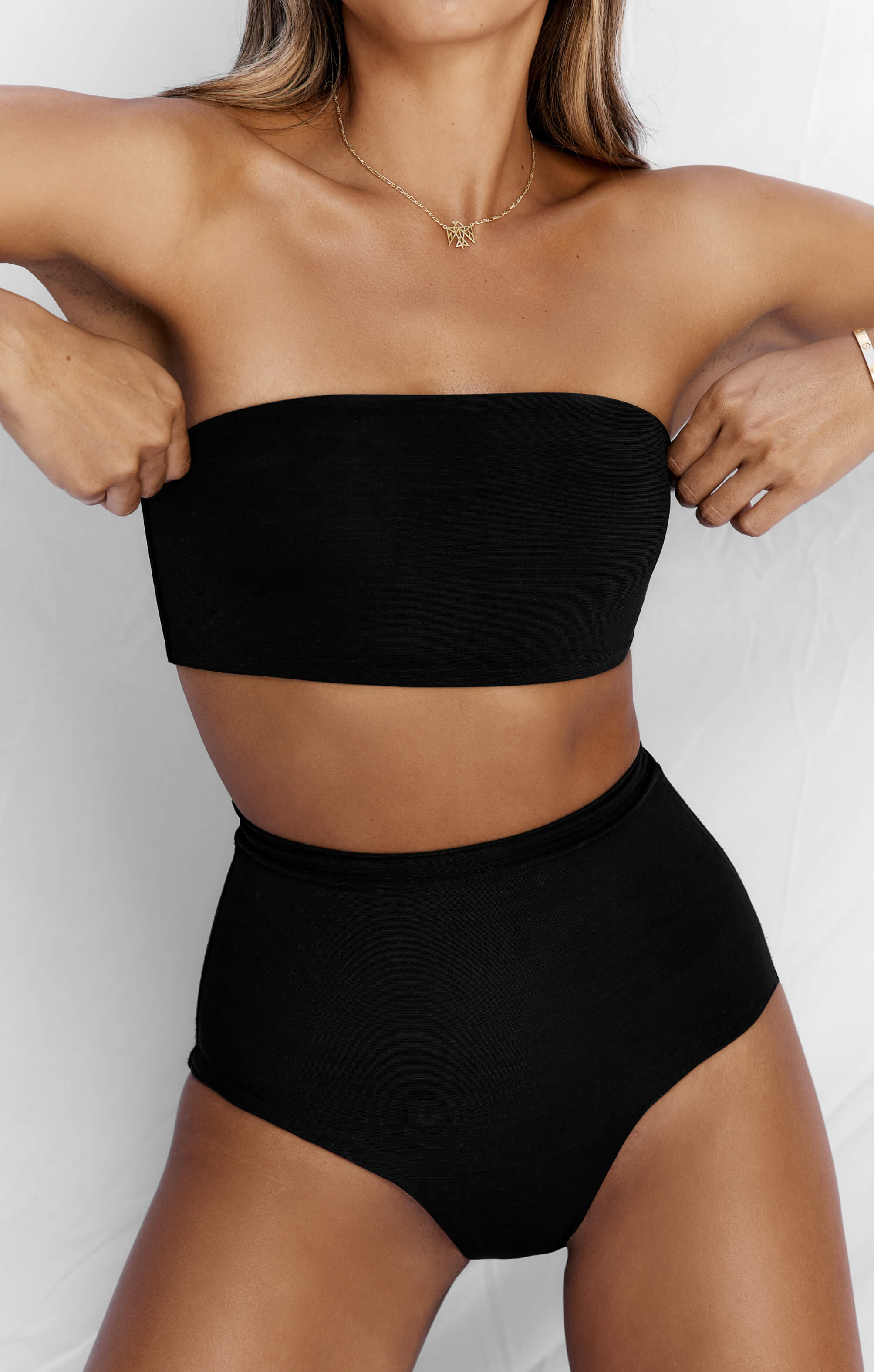 THE BONED BANDEAU BIKINI TOP - BLACK MESH
